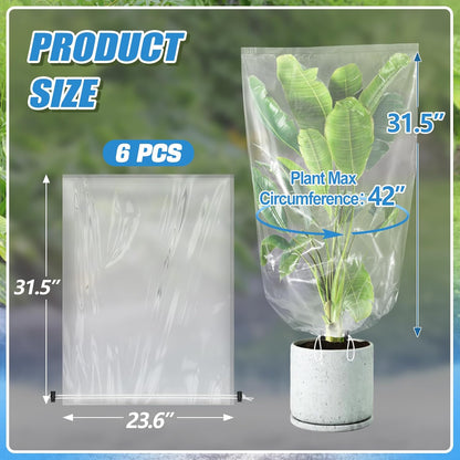ANPHSIN 6 Pcs Winter Plant Cover Freeze Protection - 23.6" x 31.5" Plastic Plant Frost Bags with Drawstring, Transparent Waterproof Plant Shelter Coverings for Outdoors Garden Potted Plants