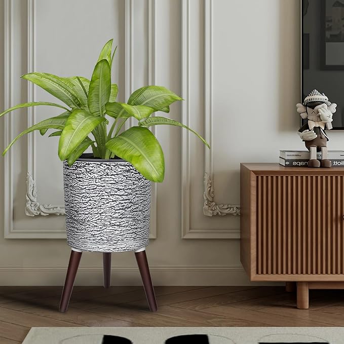 12 Inches Plant Pots with Stand Mid Century Flower Pots with Wood Legs Large Mode Cylinder Planter with Drainage Holes for Indoor Plants,Garden,Decorative-Grey
