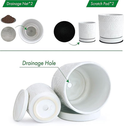D'vine Dev Set of 2 Modern Matte White Floral Embossed Ceramic Planter Pot with Saucer and Drainage Hole, 4 Inch & 6 Inch, 99-C-1-M
