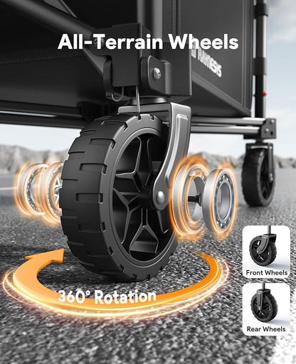 3 in 1 Collapsible Wagon Converts to Bench, 220lbs Foldable Wagon Cart with Wheels, 120L Shopping Cart for Groceries Folding Utility Wagon for Beach, Garden, Camping, Sport, Black