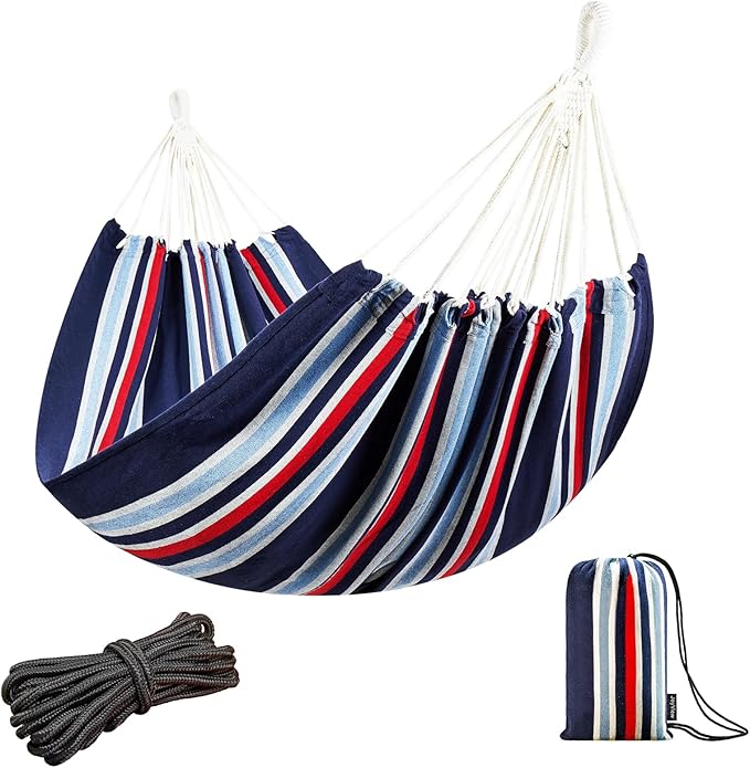JoyView Brazilian Double Hammock with Hanging Ropes Extra Large 86.6x59” Portable Cotton Hammock for Patio Backyard Porch 450LBS Weight Capacity Perfect for Outdoor/Indoor - Black/Red Stripe