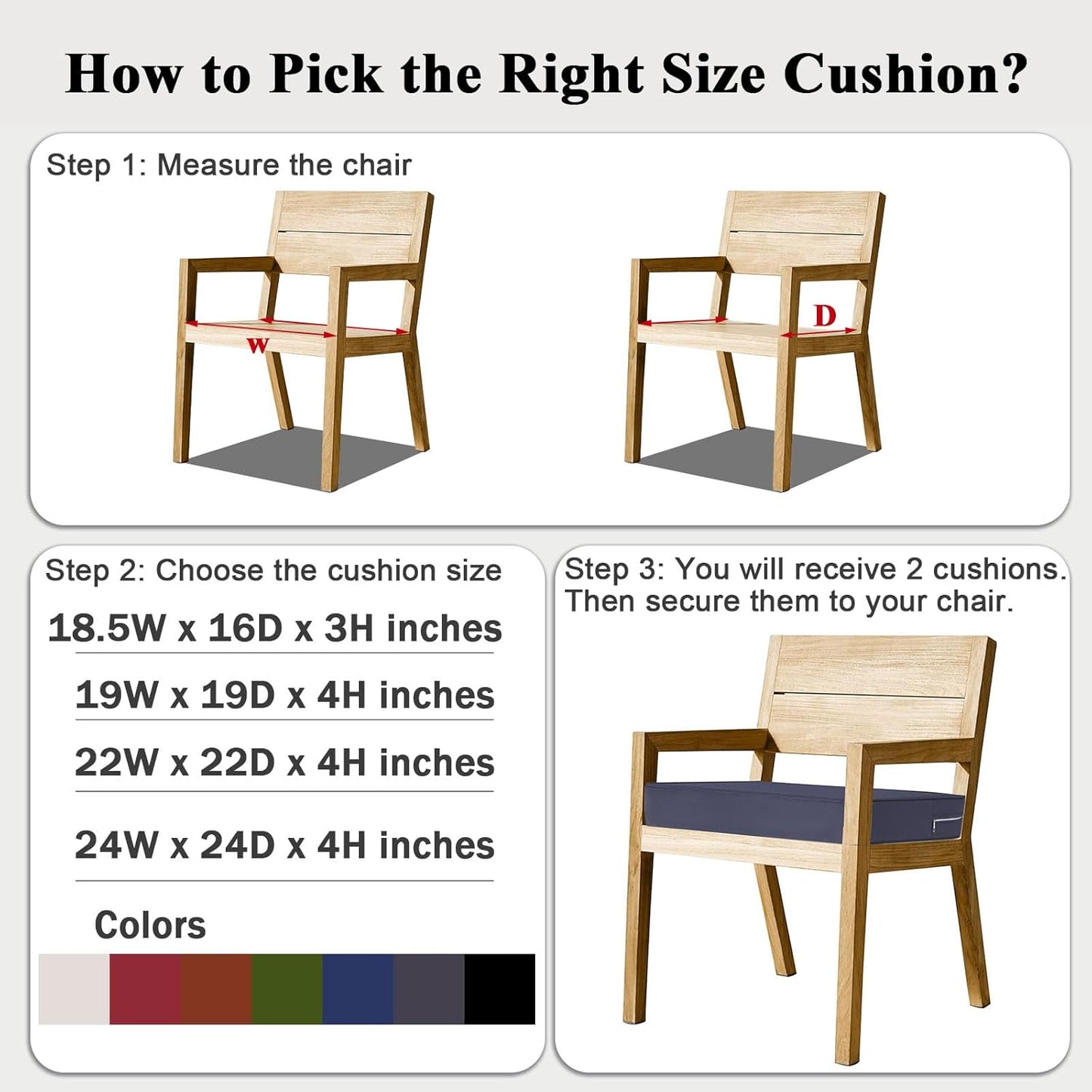 Outdoor Chair Cushions Set of 2 for Patio Furniture 18.5x16x3 Inch Waterproof Patio Chair Cushion 3 Year Color Fastness Rectangle Elastic Foam Garden Couch Pads with Ties and Handle,Grey