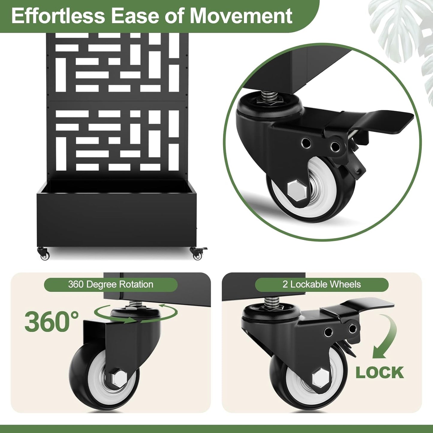 Metal Planter Box with Trellis, 71"x 35"x 16" Raised Garden Bed with Trellis & Wheels, Privacy Planters for Patio, Planter Box with Drainage Holes for Climbing Plants, Flower, Vegetable