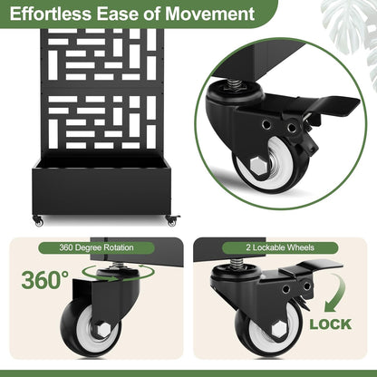 Metal Planter Box with Trellis, 71"x 35"x 16" Raised Garden Bed with Trellis & Wheels, Privacy Planters for Patio, Planter Box with Drainage Holes for Climbing Plants, Flower, Vegetable