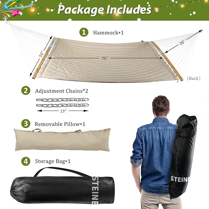 Double Hammock, 11 FT Quilted Fabric 2 Person Hammock for Outside with Pillow, Folding Curved Spreader Bar, Chains, Carrying Bag, Indoor Outdoor, 450 IB Capacity, Havana Brown