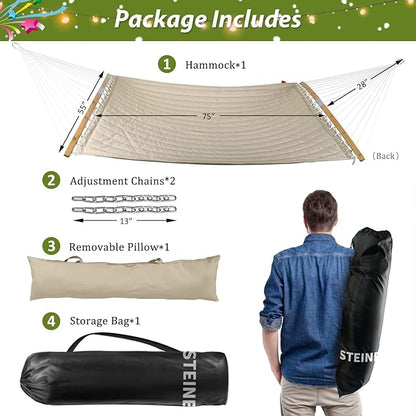 Double Hammock, 11 FT Quilted Fabric 2 Person Hammock for Outside with Pillow, Folding Curved Spreader Bar, Chains, Carrying Bag, Indoor Outdoor, 450 IB Capacity, Havana Brown