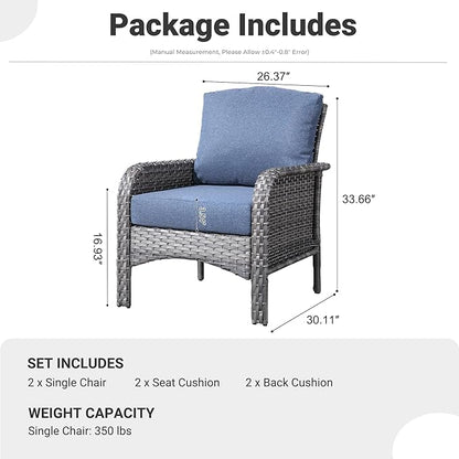 ovios 2 Pieces Patio Furniture Set, Outdoor Wicker Chairs of 2, All Weather High Back Rattan Chairs 2-Seater with Comfy Cushions for Porch Deck, Denim Blue