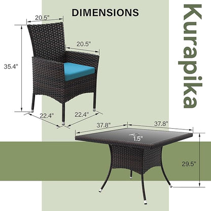 Kurapika 15-Piece Patio Furniture Outdoor Dining Set, Rattan Wicker Patio Dining Table and Chairs Set, Square Tempered Glass Tabletop with Umbrella Hole and 12 Chair Set, Blue