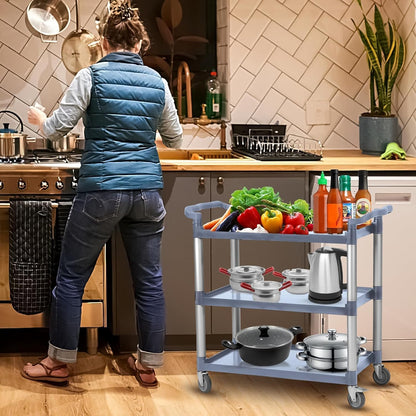 Utility Service Cart 3 Shelf, Rolling Push Cart with Brake Wheel, Plastic Heavy Duty 3-Tier Food Service Cart for Office, Warehouse, Garage, Restaurant, Cleaning, 360lbs Capacity, Gray