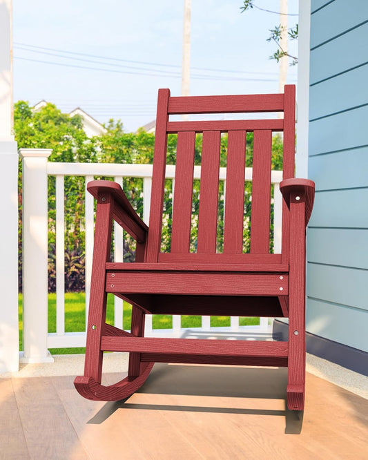 SERWALL HDPE Rocking Chair, Outdoor Rocking Chair for Adults, All Weather Porch Rocker for Lawn Garden, Crimson Red