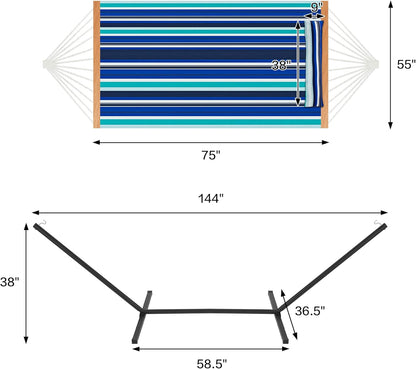 Two Person Hammock with Stand Heavy Duty, Outdoor Patio Hammock with Portable Steel Stand, Large Double Hammocks,480lbs Capacity.(Blue Stripes)