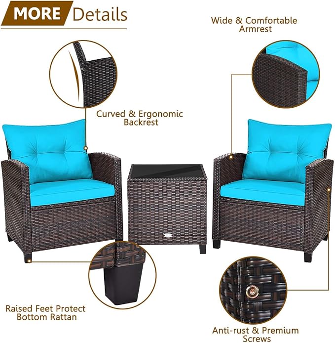 RELAX4LIFE 3 Piece Patio Furniture Set, Wicker Bistro Conversation Set w/ 2 Cushioned Armchairs & Glass Topped Table, Outdoor Rattan Sofa for Porch Balcony Poolside (Turquoise)