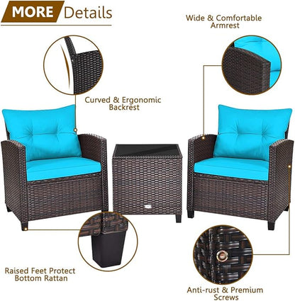RELAX4LIFE 3 Piece Patio Furniture Set, Wicker Bistro Conversation Set w/ 2 Cushioned Armchairs & Glass Topped Table, Outdoor Rattan Sofa for Porch Balcony Poolside (Turquoise)