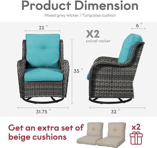 Outdoor Swivel Rocker Wicker Chairs Set of 3, High Back Swivel Patio Chairs Wicker Furniture Set, 2 PCS Rattan Swivel Rocking Chair with Side Table, Turquoise