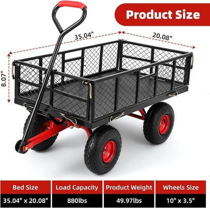 880 Lb 10 Inch Tire Steel Garden Cart with 4-Side Removable Mesh and 180° Swivel Handle, Garden Wagon Cart Heavy Duty, Heavy-Duty Patio Dump Cart Utility Wagon, for Lawn, Patio