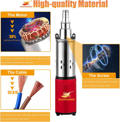 12V Deep Well Submersible Pump solar DC 250W Electric Powered Water Pump kits with 1" Outlet Screw Pump max.98ft Lift,396GPH Flow, for Irrigation Agricultural Garden Home