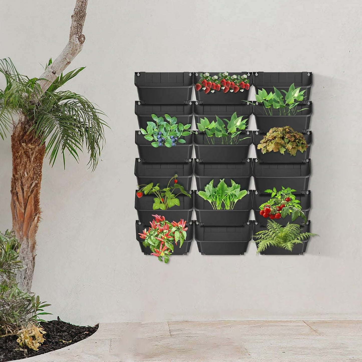 Eapmic Vertical Wall Planter with 18 Pots, Hanging Garden Plant Flowerpot Holder, Stackable Wall-Mounted Planter, Balcony Planters for Flowers Vegetables Fruits (Black, 18 Pots)
