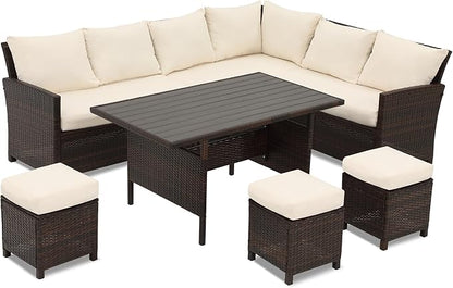 Wisteria Lane Patio Furniture Set, 7 Piece High Curved Back Outdoor Dining Sectional Sofa with Dining Table and Chair, All Weather Wicker Conversation Set with Ottoman, Ivory