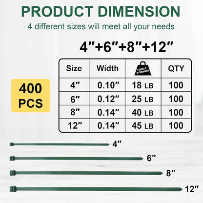 Green Zip Ties Assorted Sizes (4"+6"+8"+12"), 400 Pack, Cable Ties UV Resistant for Garden, Plants, Fence, Holiday Lights, Yakobela