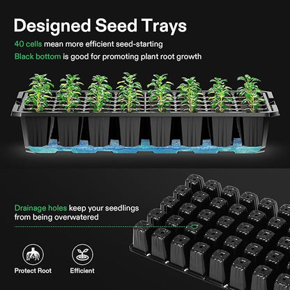 VIVOSUN 1-Pack 40-Cell Seed Starter Trays with 1 Set of LED Lights and 10"x20.75" Seedling Heat Mat, 3.6" Higher Cover, Adjustable Vents, Drainage Holes, Green Propagation Tray for Planting Seeds