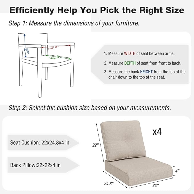 Joyside Outdoor Chair Cushions Set, 22x25/22x24 Inch Patio Furniture Deep Seat Cushions, Water Resistant & Thick Cushion, Outdoor Replacement Cushions for Seat and Sofa (Beige, 4 Set)