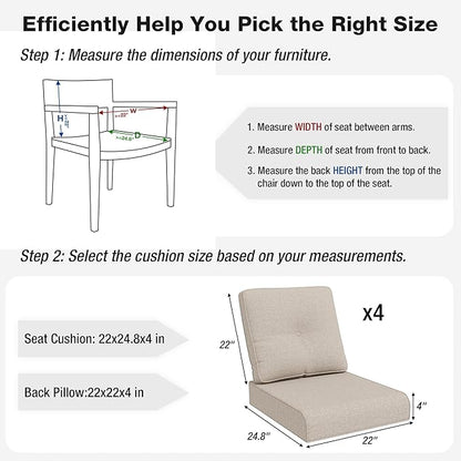 Joyside Outdoor Chair Cushions Set, 22x25/22x24 Inch Patio Furniture Deep Seat Cushions, Water Resistant & Thick Cushion, Outdoor Replacement Cushions for Seat and Sofa (Beige, 4 Set)