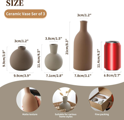 Ceramic Vase Set of 3, Vases Home Decor Rustic Farmhouse Decorative Vase Pottery Vases for Bouquet Pampas Grass Dried Fresh Flowers, Table Living Room Kitchen Bedroom Bathroom - Brown