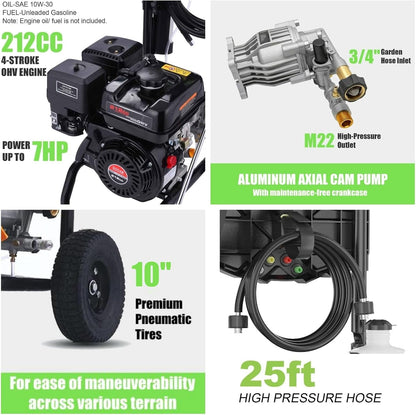 4200 PSI Gas Pressure Washer, 4.0 Max GPM 212CC 7HP Commercial Gas Power Washer, Spray Gun and Wand, 5 Nozzle Set, for Cars/Fences/Driveways/Homes/Patios/Furniture