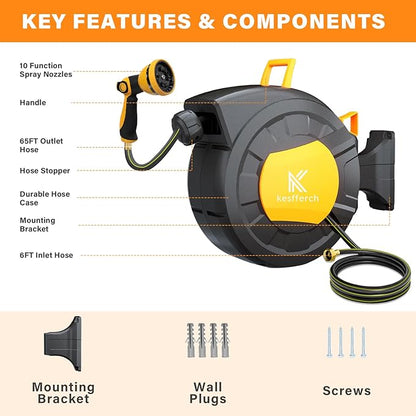 Retractable Garden Hose Reel, 1/2 Inch x 65 FT + 6 FT Compact Water Hose Reel Wall Mounted Garden Hose Reel with 10 Pattern Nozzles, Any Length Lock, Slow Rewind Storage, 180°Swivel Bracket
