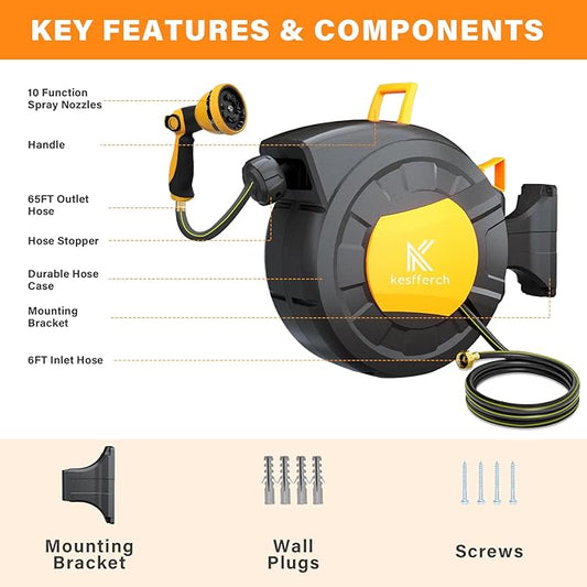 Retractable Garden Hose Reel, 1/2 Inch x 65 FT + 6 FT Compact Water Hose Reel Wall Mounted Garden Hose Reel with 10 Pattern Nozzles, Any Length Lock, Slow Rewind Storage, 180°Swivel Bracket