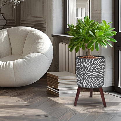 12 Inches Plant Pot with Stand, Large Modern Standing Planters for Indoor Plants with Drainage Holes, Gray Flower Pots with Legs