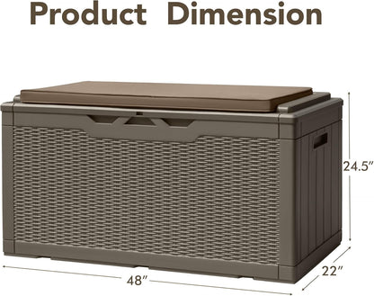 Devoko 100 Gallon Deck Box, Waterproof Resin Outdoor Storage Box with Cushion for Outside, Large Outdoor Storage Bench Cabinet Lockable for Patio Furniture and Garden Tools (Brown)