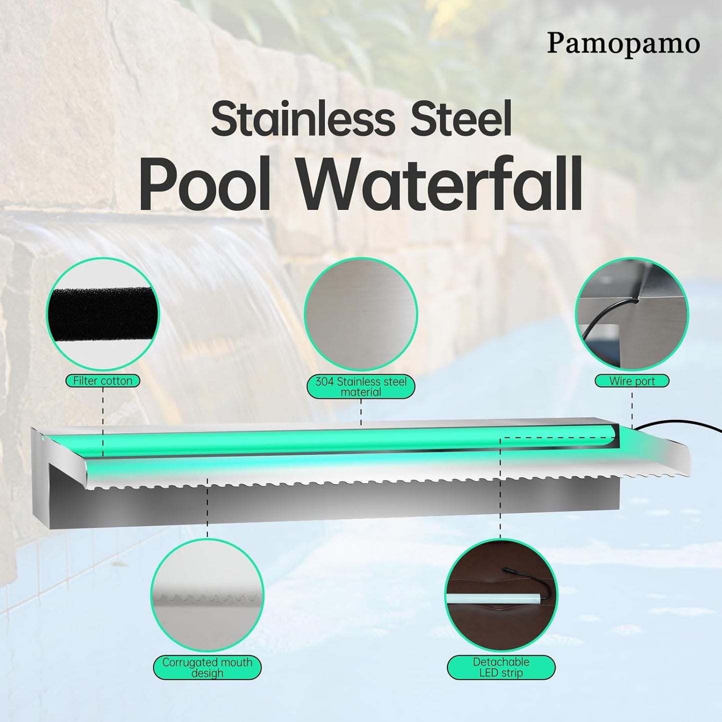 Pond Waterfall Spillway Stainless Steel Pool Fountain, APP Control LED Lighted Waterfalls Kit, Outdoor Water Flow Waterfalls Kit for Garden Patio Koi Pond Decoration-35.4"x7.8"x3.9"