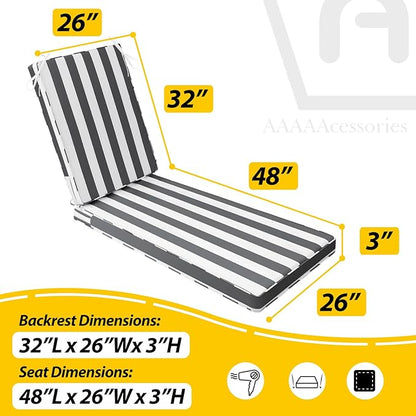 AAAAAcessories Outdoor Chaise Lounge Cushions, Waterproof, Fade-Resistant Patio Furniture Replacement Cushions, 80" x 26" x 3", Gray Cabana Stripe