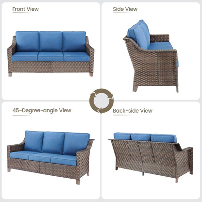 Outdoor Wicker Patio Furniture Set - 5 Piece Outside Rattan Conversation Bistro Dining Chair Sets with Rocking Swivel Chairs, 3-Seat Couch and Ottomans for Porch Yard Balcony – Brown/Blue