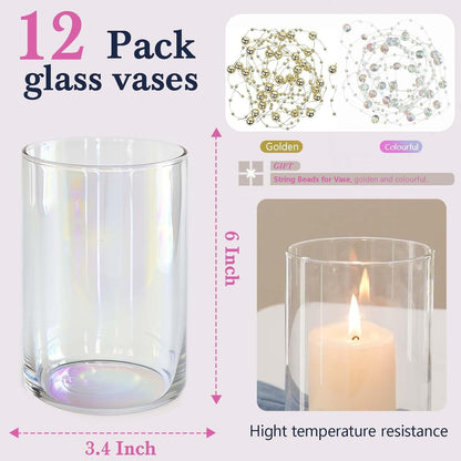 12pc Glass Cylinder Bud Vases for Centerpieces,6 inch Tall Irised Crystal Clear Flower Vases in Bulk,Hurricane Glass Candle Holders for Table Centerpiece Formal Dinners Home Decor