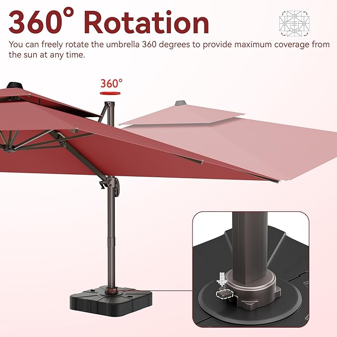 9x12 FT Patio Umbrella with base, Large Cantilever Rectangular Double Top Heavy Duty Offset Umbrellas with 360° Rotation, Outdoor shade for Garden Deck Pool, Red