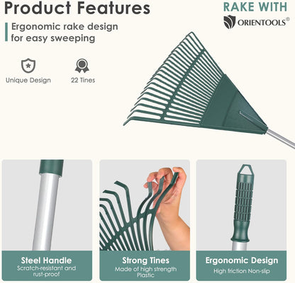 ORIENTOOLS Rake for Leaves,Adjustable Garden Leaf Rake ,Lightweight Steel Poly Yard Rake，22 Tines, 42 to 60 Inches (Silver Handle)