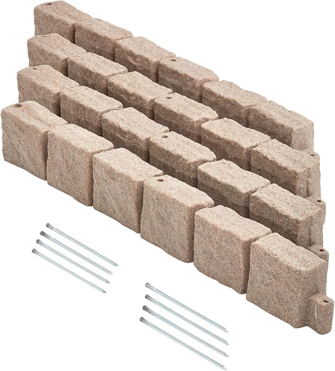 VEVOR Faux Stone Landscape Edging, No Dig Garden Edging Border, Flexible Blocks for Lawn Edging, Flower Beds, Driveway, Yards with 12 Spikes, 4 Pack 24 Bricks 16FT Kit, 46.9" Lx 4" W x 6" H, Beige