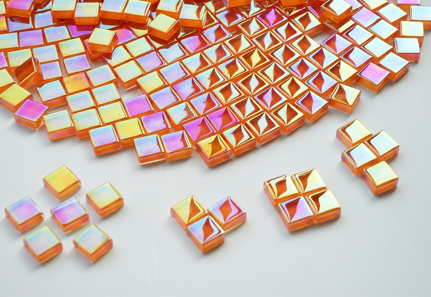 0.66lbs Iridescent Mosaic Tiles for Crafts, Bright Orange Glass Tiles for Creative Mosaic Projects, 3/8" Square Stained Glass Pieces Ideal for DIY Home Mosaic Decorations