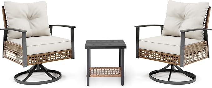 LAUSAINT Home 3 Pieces Rocking Bistro Set, Wicker Patio Bistro Set with 2 Rocking Chairs and 1 Coffee Table, Outdoor Swivel Rocker Patio Chairs with Thickened Cushions for Porch, Backyard (Beige)