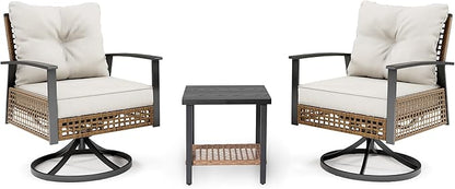 LAUSAINT Home 3 Pieces Rocking Bistro Set, Wicker Patio Bistro Set with 2 Rocking Chairs and 1 Coffee Table, Outdoor Swivel Rocker Patio Chairs with Thickened Cushions for Porch, Backyard (Beige)