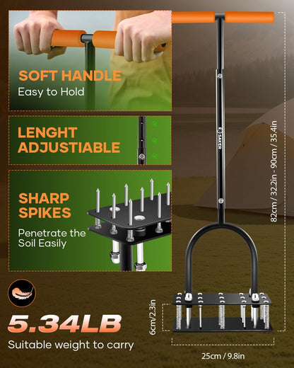 Saker Lawn Aerator Tool, Lawn Aerator with 15 Iron Spikes, Automatic Leaf and Dirt Cleaning with Spring-Loaded Design, Metal Manual Aerator for Loosening Soil Aerating Patio, Yard, Garden Orange