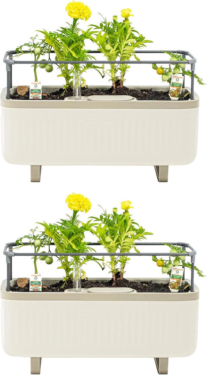 Vego Garden 2 Pack Herb Indoor Planter Box, Self Watering Pots with Trellis for Kitchen Window Sill or Countertop Plants Cage - Cream White