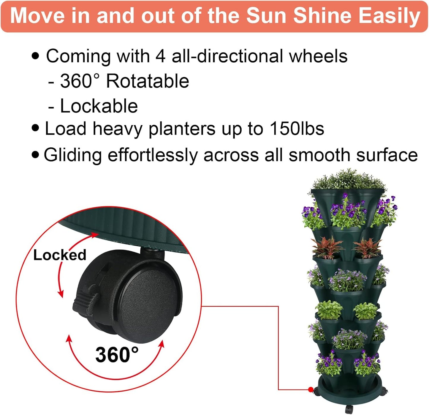 Vertical Planter 7 Tier Stackable Planters Garden Planters Strawberry Herb Flower and Vegetable Planter Indoor Outdoor Gardening Pots with Removable Wheels and Tools