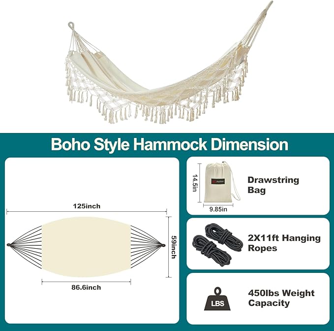 JoyView Boho Macrame Double Hammock with Hanging Ropes & Elegant Tassels 86.6x59 Portable Cotton Hammock for Patio Backyard Porch 450LBS Weight Capacity Perfect for Outdoor/Indoor - Beige Color