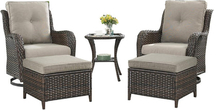 Outdoor Wicker Patio Furniture Set - 5 Pieces Rattan Patio Conversation Set with 2 Rocking Swivel Chairs,2 Ottomans and 1 Side Table for Porch Deck Backyard Garden(Brown/Grey)