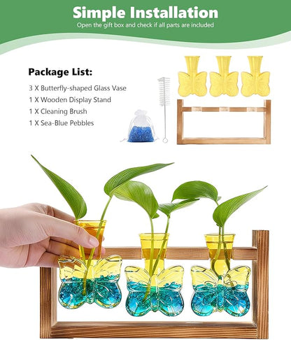 Nacome Butterfly Vase Propagation Stations: Glass Plant Terrarium with Wooden Stand for Home Office Desk Decor, Unique Gifts for Plant Lovers Women Mom (Yellow)