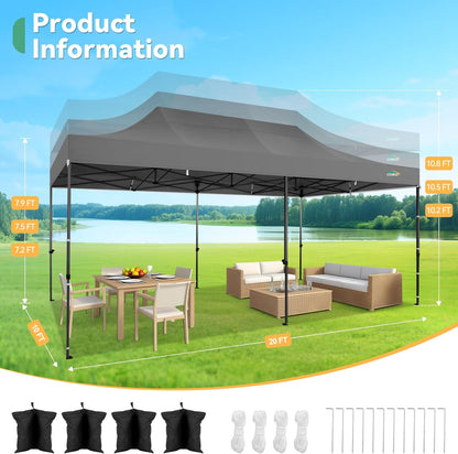 COBIZI 10x20 Pop up Canopy Tent Heavy Duty Without Sidewalls, Easy Set-up Commercial Outdoor Party Tent, 100% Waterproof Wedding Gazebo, 3 Height Adjustable with Wheeled Bag, Gray