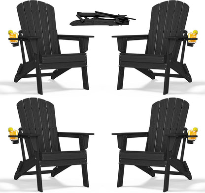 Folding Adirondack Chair - Extended Ergonomic Backrest, Cup Holder - Easy Assembly - Durable HDPE Plastic, Weather Resistant & Maintenance-Free - Lawn, Patio, Deck Supports 380lbs Black